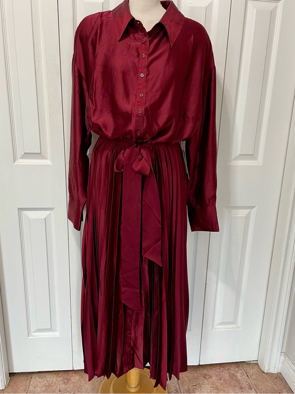 Elegant Eloquii Burgundy Satin Shirt Dress with Tie Waist & Pleated Skirt